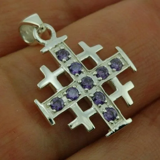 Jerusalem Cross Silver Pendant with Purple Gemstones   925 Silver Necklace