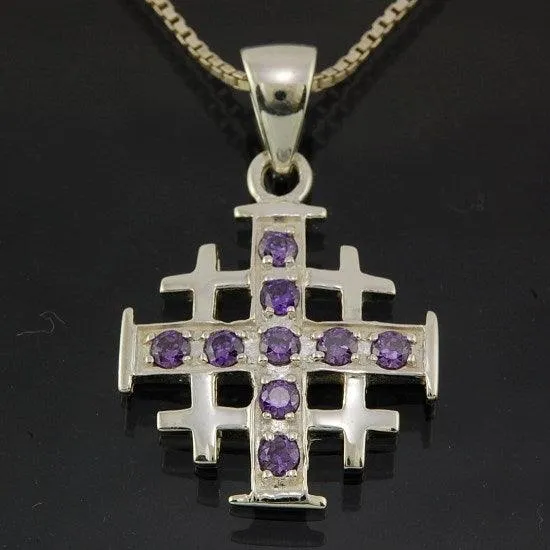 Jerusalem Cross Silver Pendant with Purple Gemstones   925 Silver Necklace