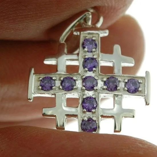 Jerusalem Cross Silver Pendant with Purple Gemstones   925 Silver Necklace