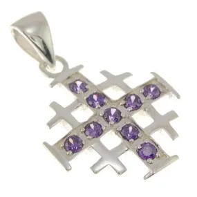 Jerusalem Cross Silver Pendant with Purple Gemstones   925 Silver Necklace