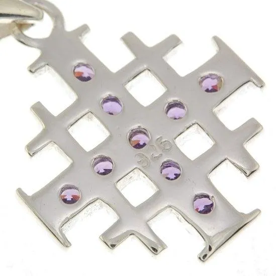 Jerusalem Cross Silver Pendant with Purple Gemstones   925 Silver Necklace