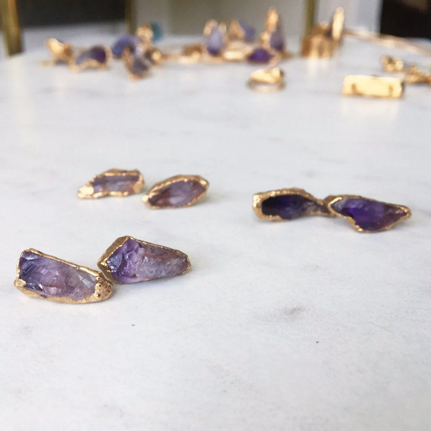 Large Raw Amethyst Stud Earrings in Rose Gold