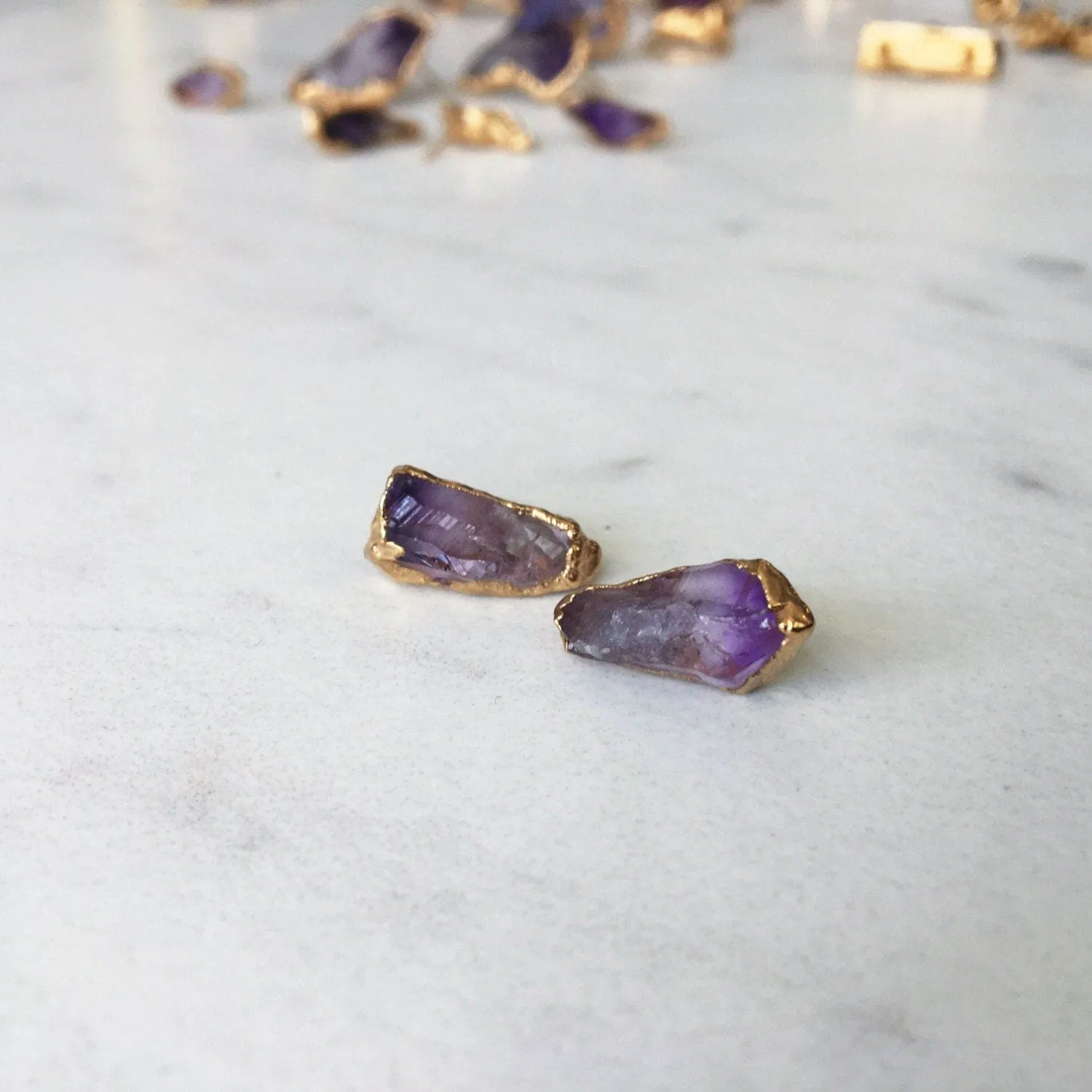 Large Raw Amethyst Stud Earrings in Rose Gold