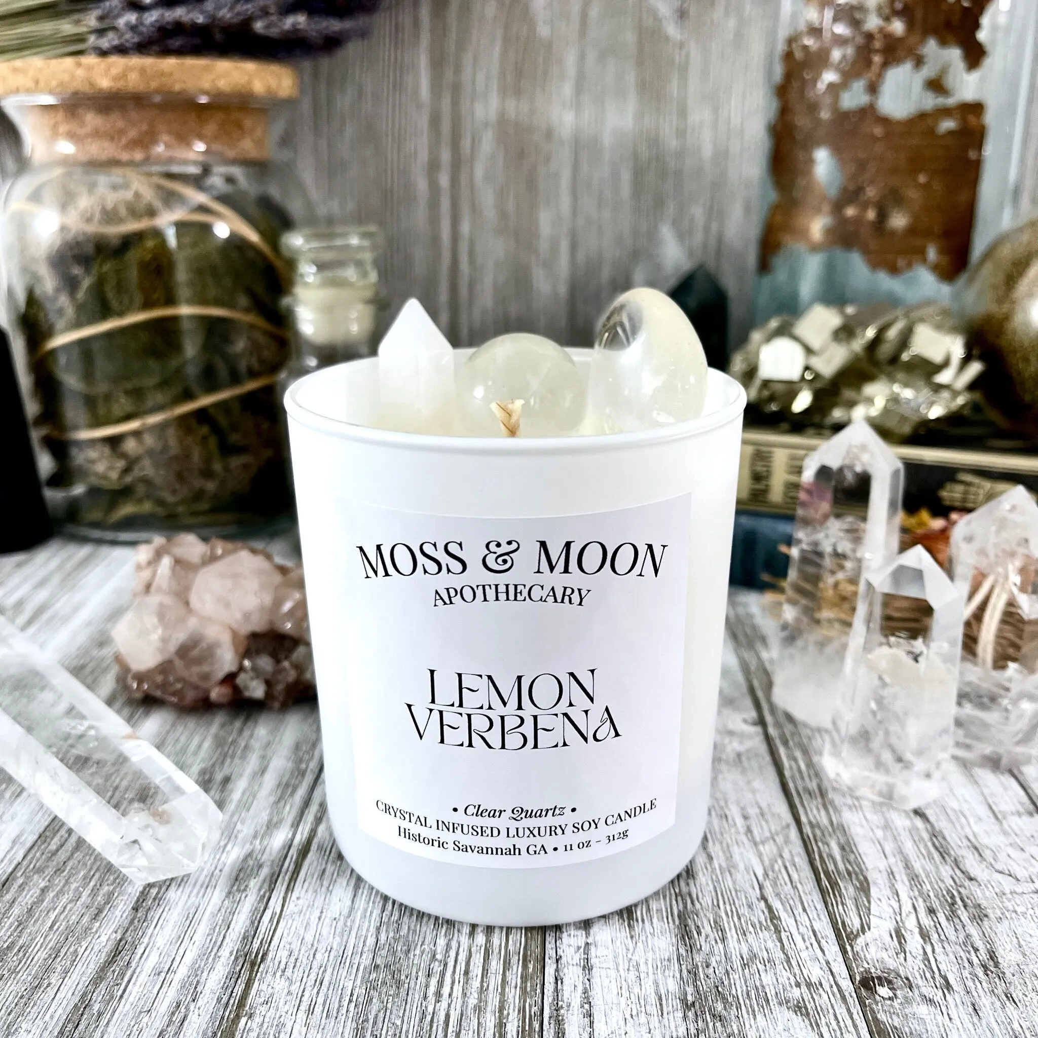 Lemon Verbena Candle with Clear Quartz - Moss & Moon Apothecary Luxury Soy Crystal Candle /