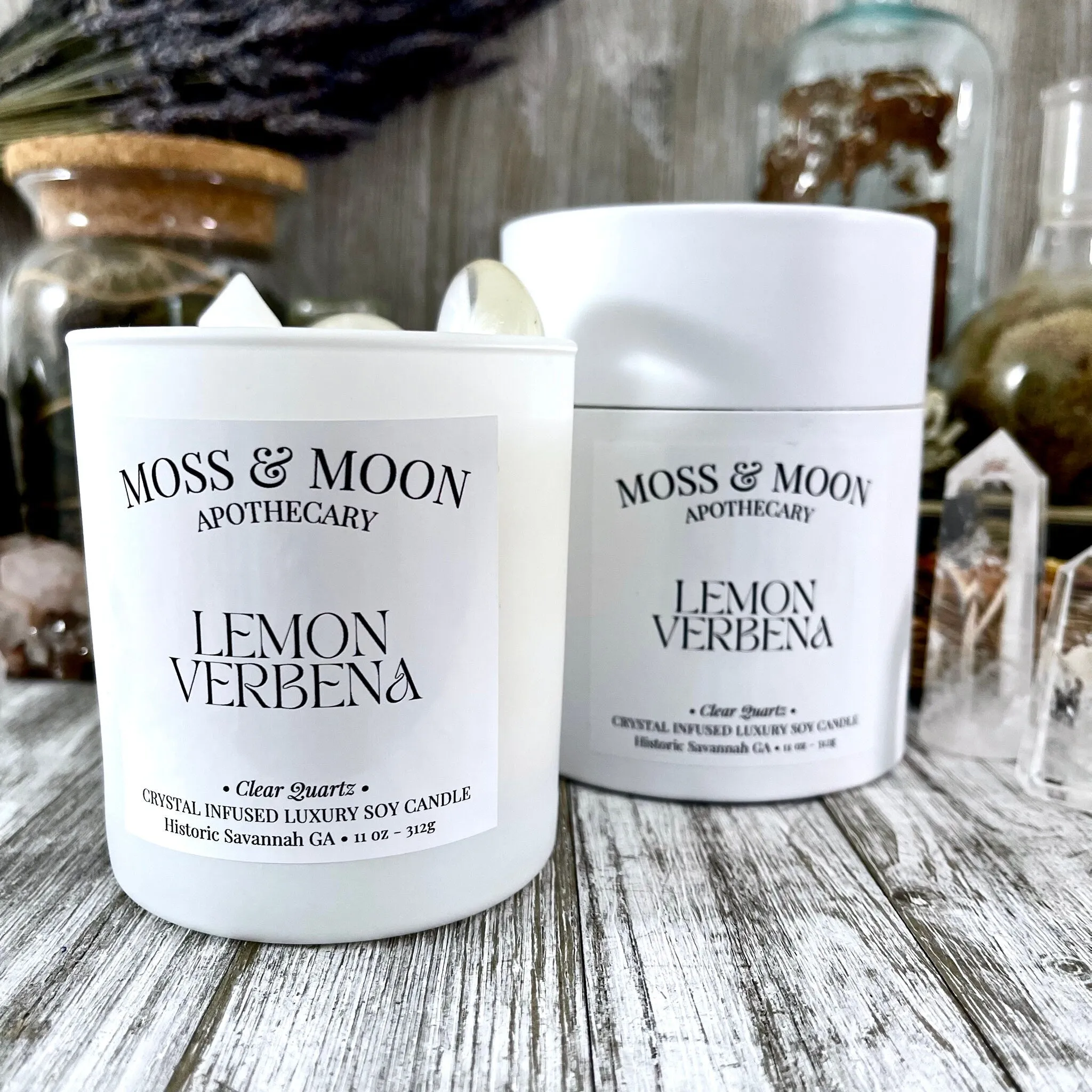 Lemon Verbena Candle with Clear Quartz - Moss & Moon Apothecary Luxury Soy Crystal Candle /