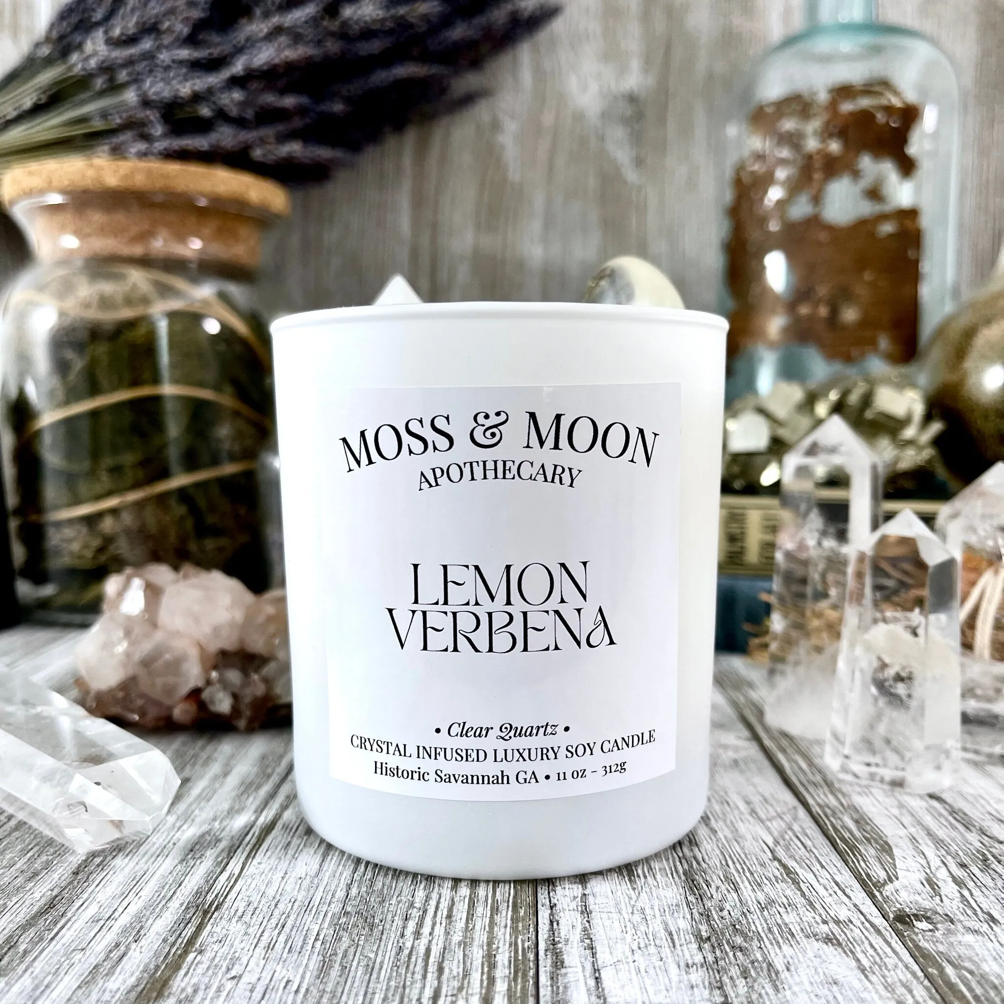 Lemon Verbena Candle with Clear Quartz - Moss & Moon Apothecary Luxury Soy Crystal Candle /