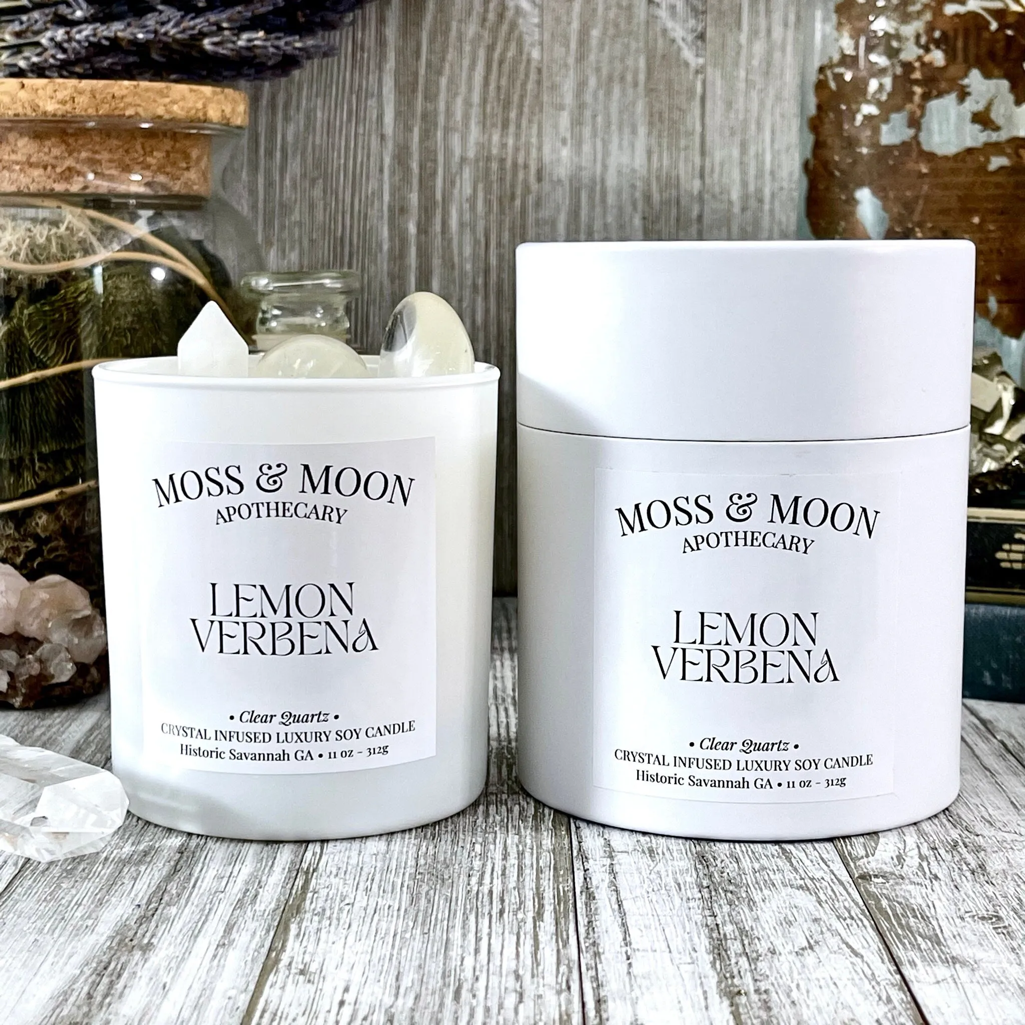 Lemon Verbena Candle with Clear Quartz - Moss & Moon Apothecary Luxury Soy Crystal Candle /