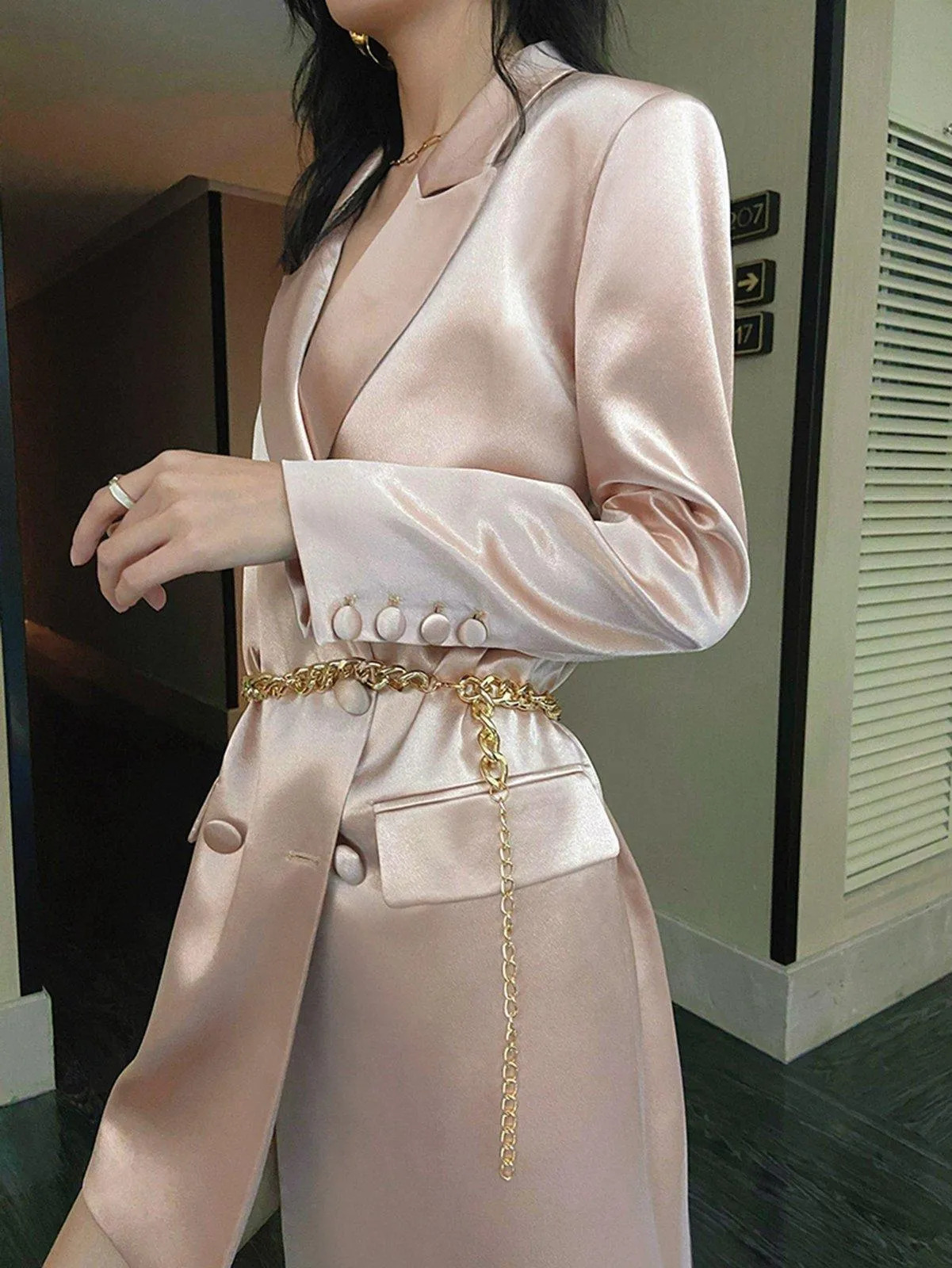 Light Pink Double Breasted Chain Thigh Length Blazer