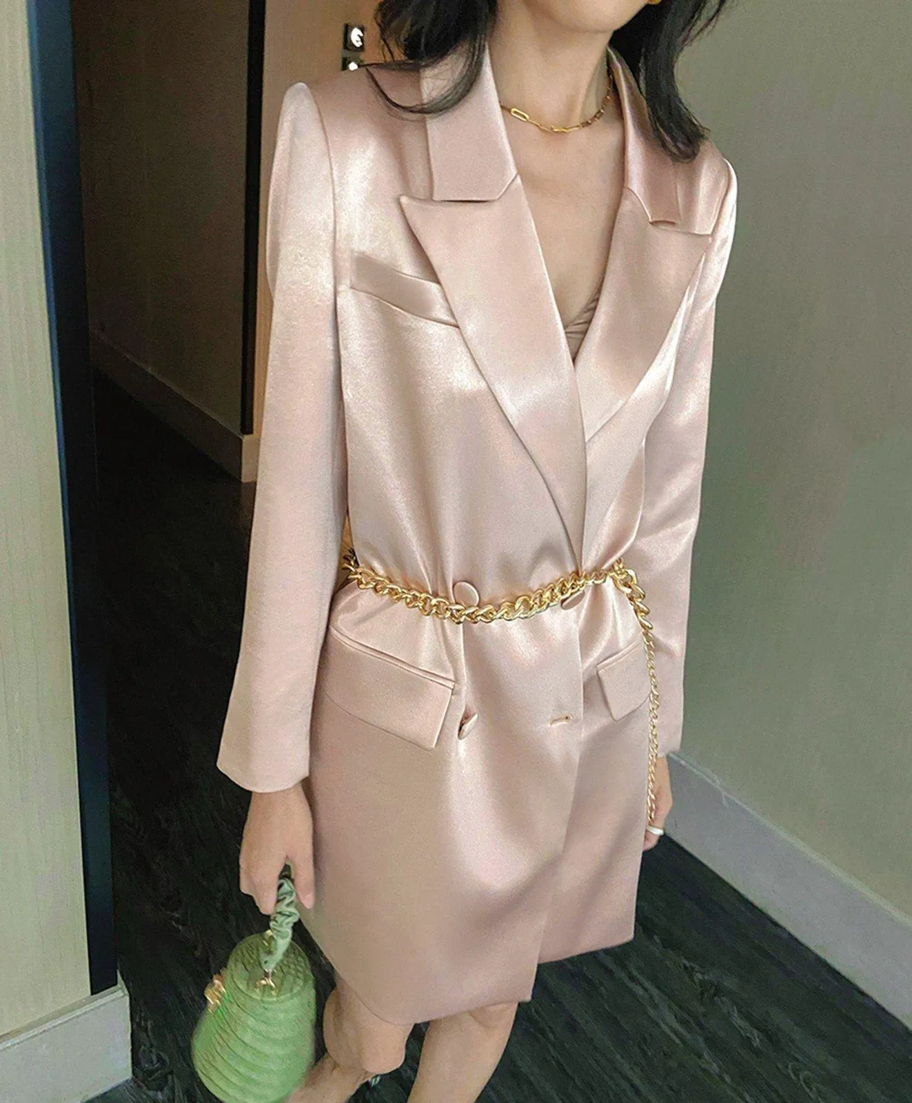 Light Pink Double Breasted Chain Thigh Length Blazer