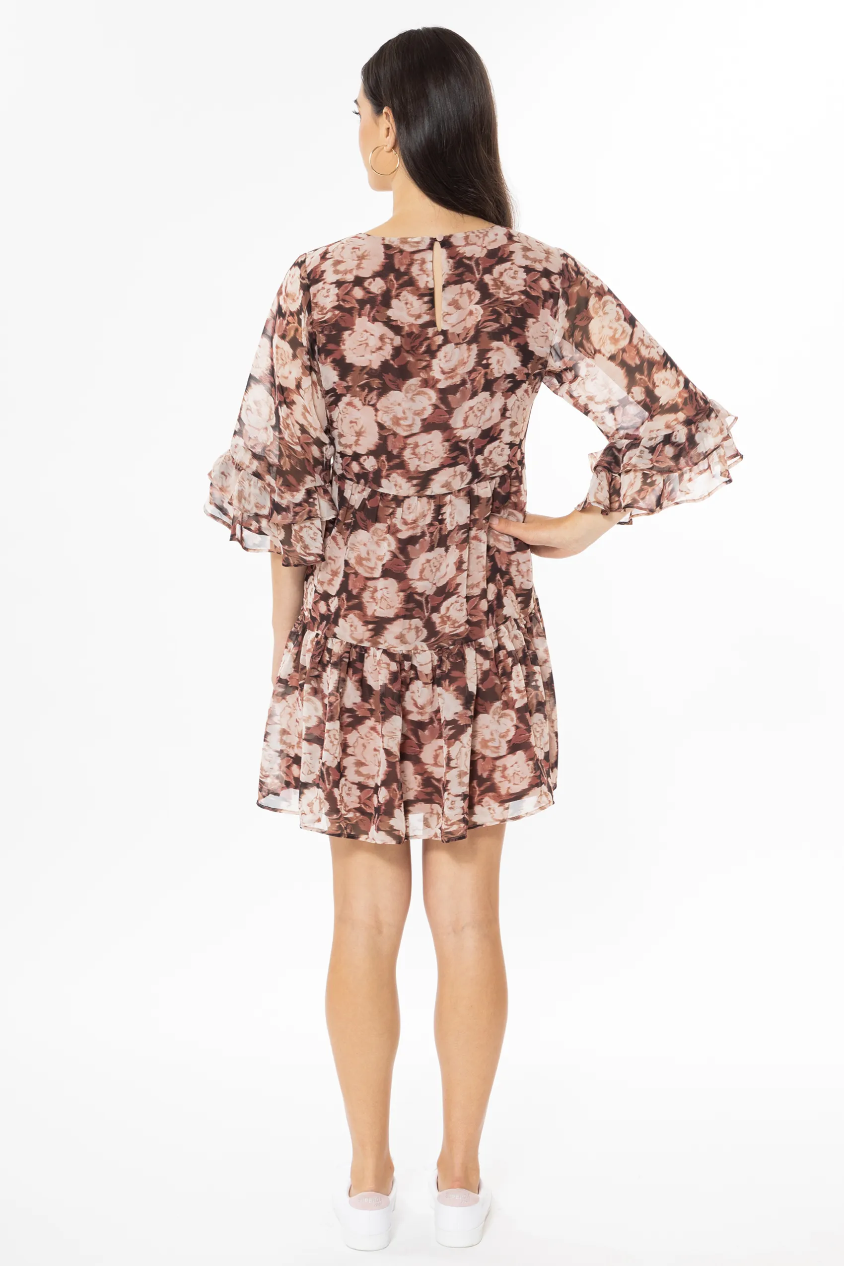 Lively Rosewood Floral Frill SS Mini Dress