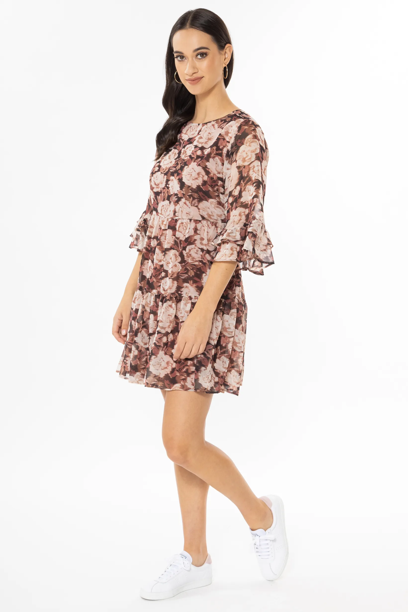 Lively Rosewood Floral Frill SS Mini Dress