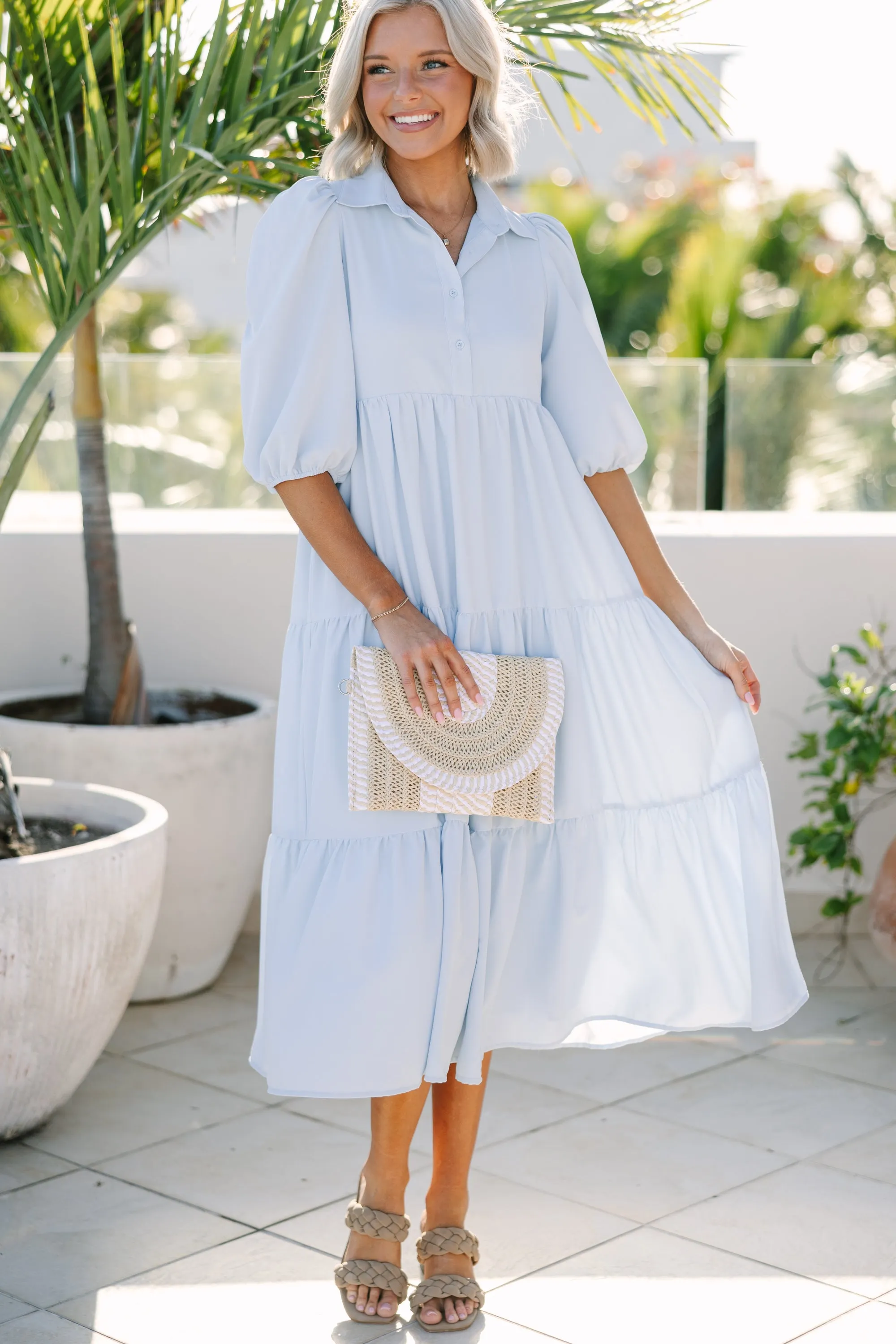 Love Found Light Blue Tiered Midi Dress