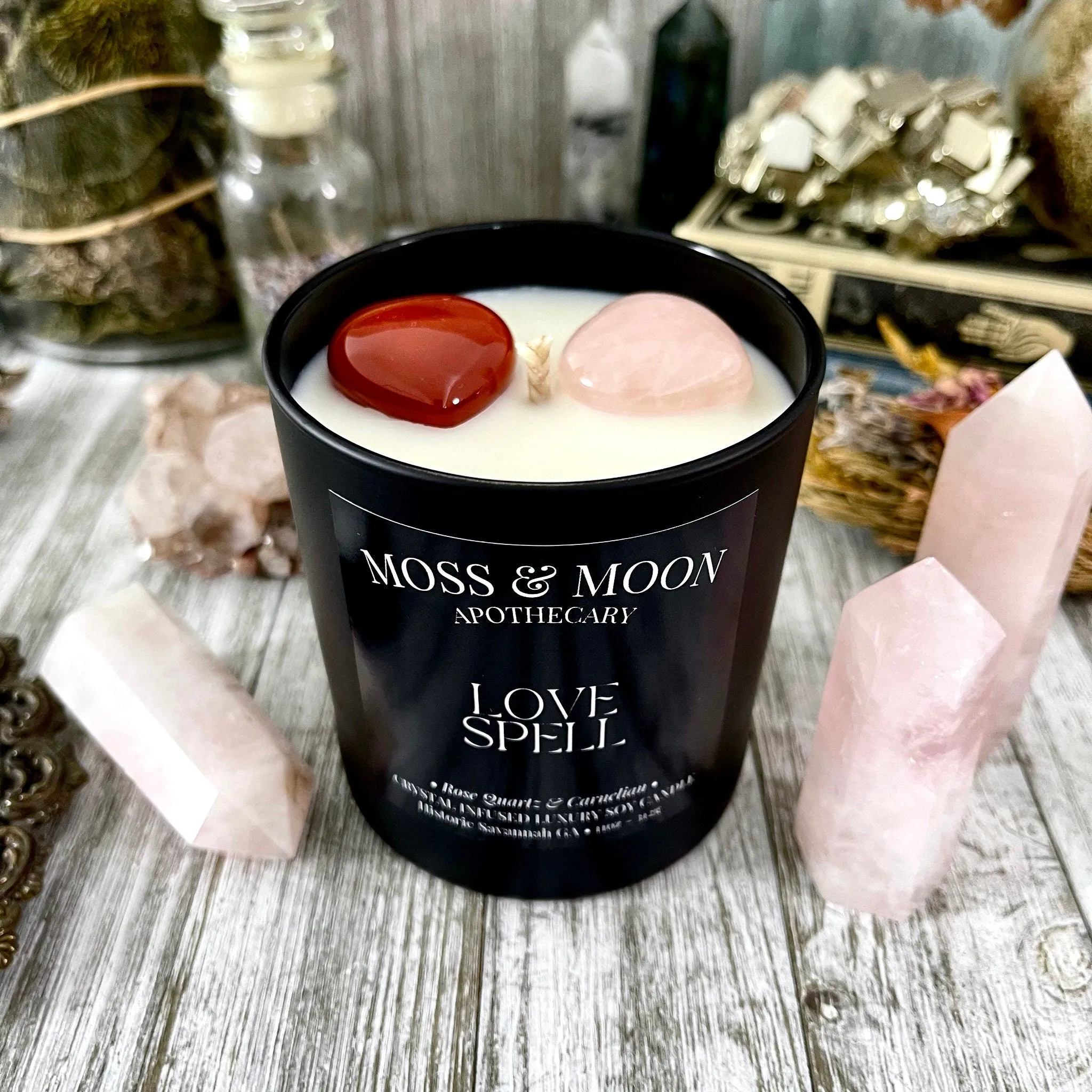 Love Spell Candle with Rose Quartz and Carnelian - Moss & Moon Apothecary Crystal Infused Luxury Soy Candle