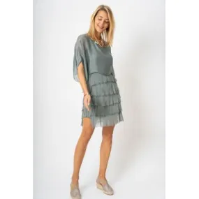 MADE IN ITALY SILK RUFFLE DRESS W/SLEEVE~ 64887