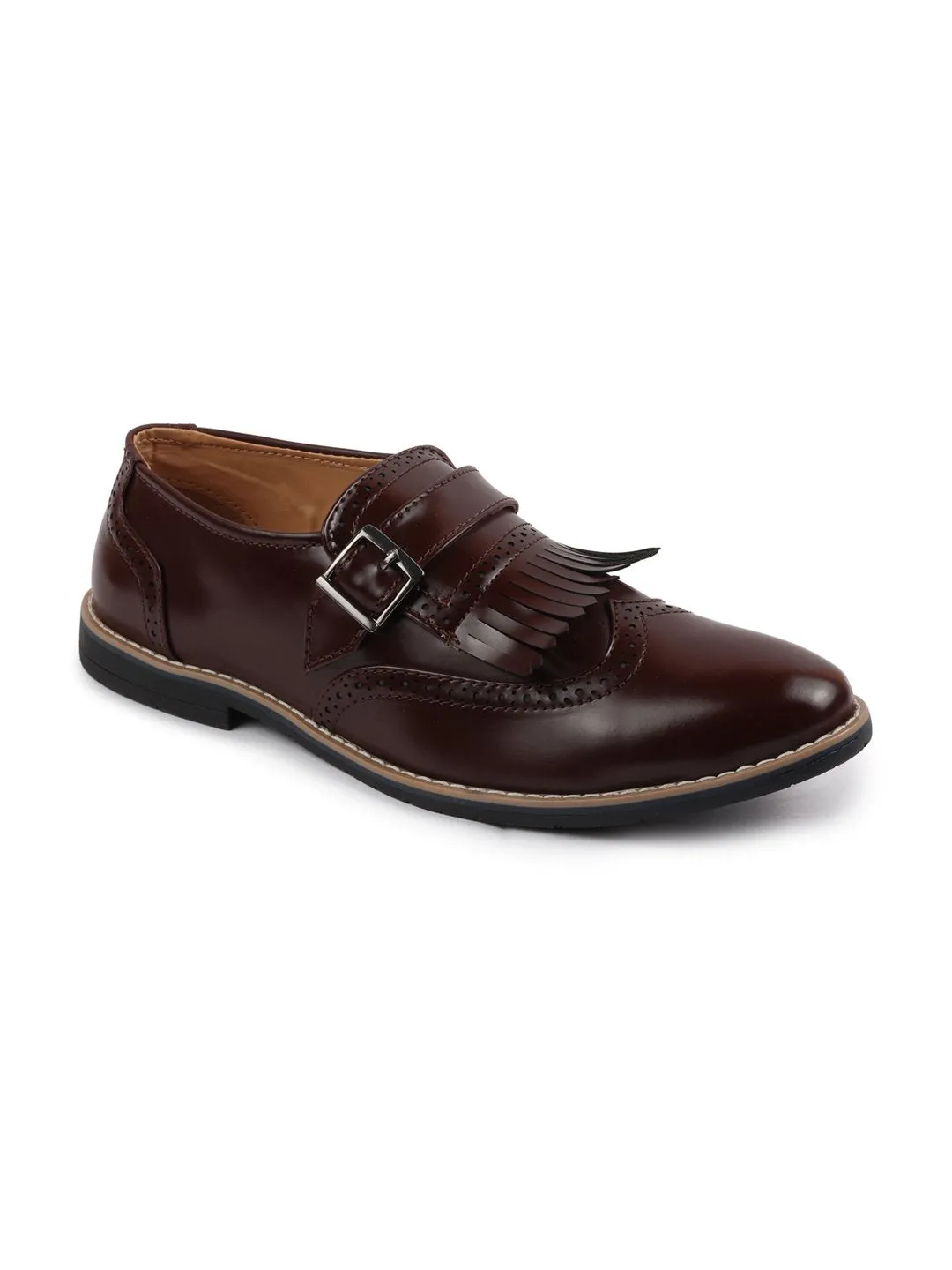 Men Brown Monk Single Strap Fringe Formal Shoes with TPR Welted Sole