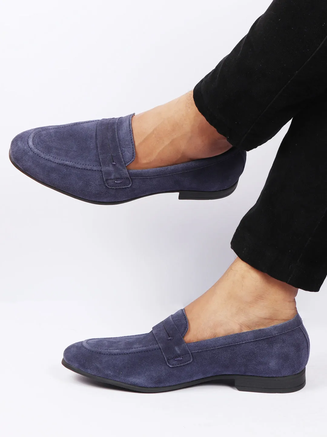 Men Navy Blue Suede Leather Outdoor Penny Loafer Shoes