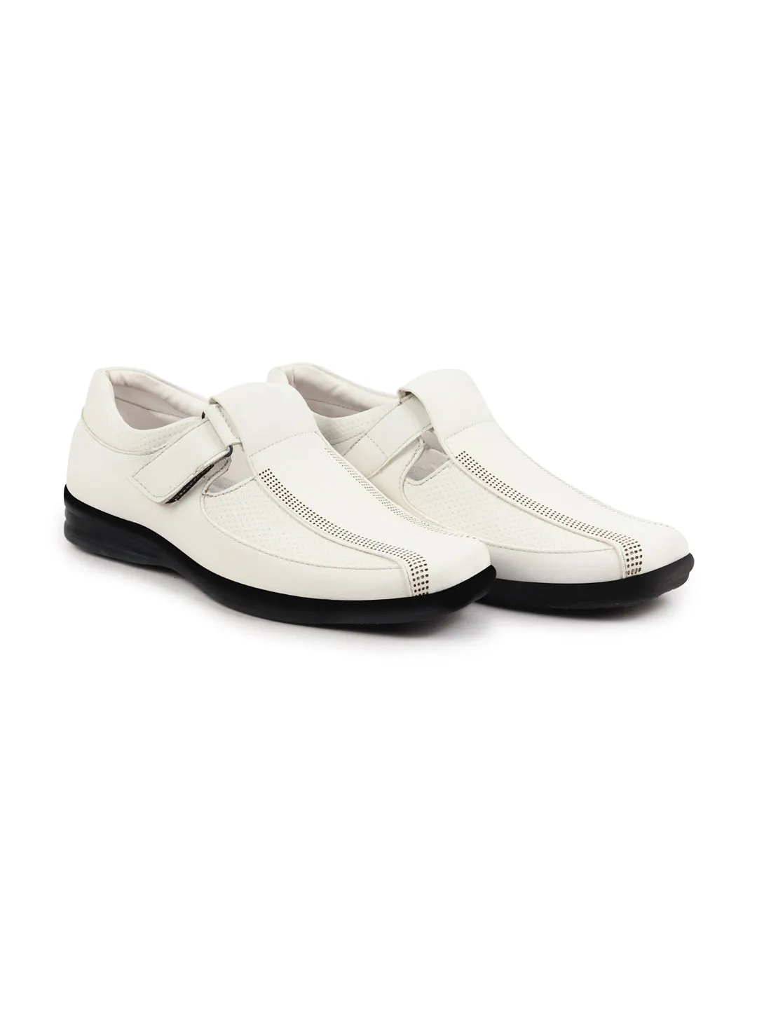 Men White Shoes Style Casual Slip On Adjustable Strap Velcro Sandal For All Day Comfort