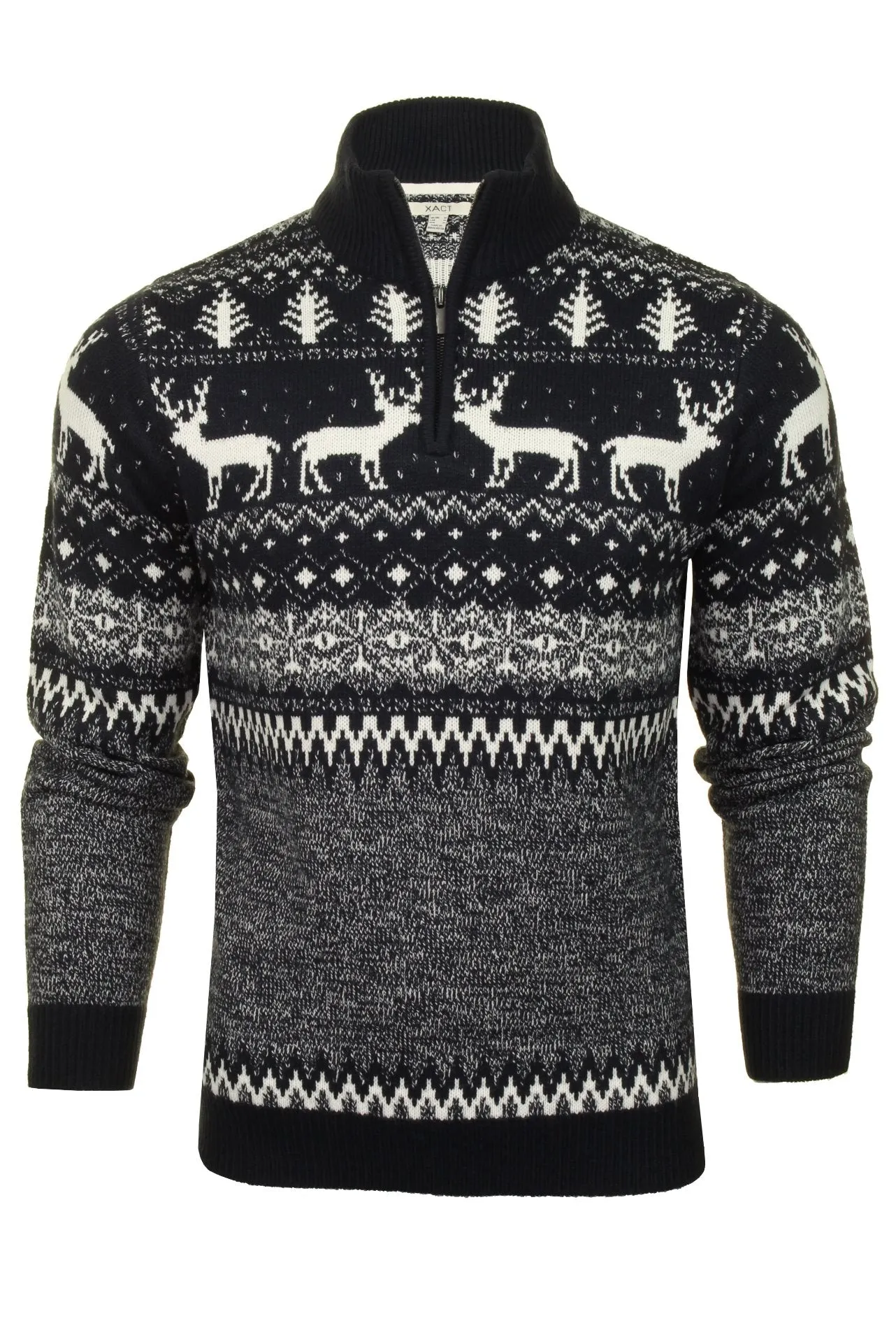 Mens Xact Xmas Christmas Jumper 'Reindeer Fairisle Quarter Zip Crew'