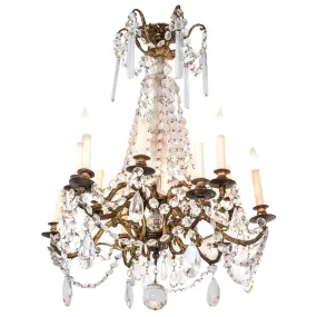 Midcentury Two-Tier Gilt Bronze and Crystal Twelve-Light Chandelier