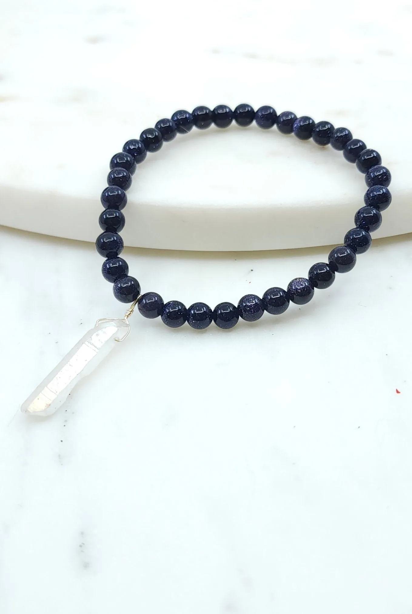 Midnight Blue Goldstone Bracelet with White Titanium Quartz in Gold