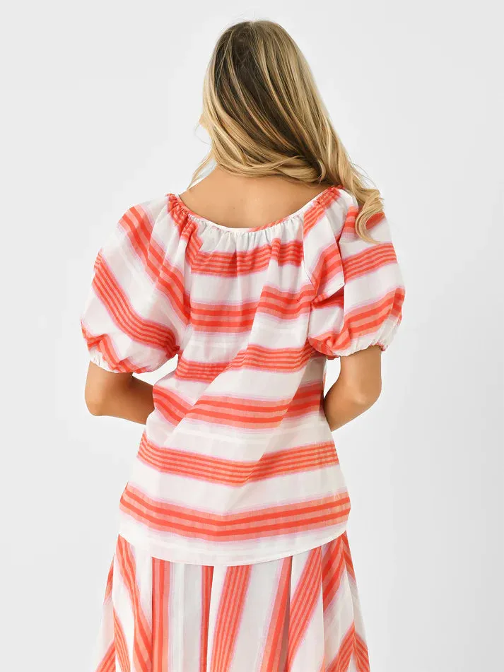 Never a Wallflower Gathered V-Neck Top - Pink and Orange Stripe