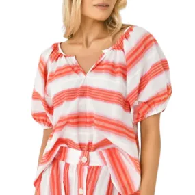 Never a Wallflower Gathered V-Neck Top - Pink and Orange Stripe