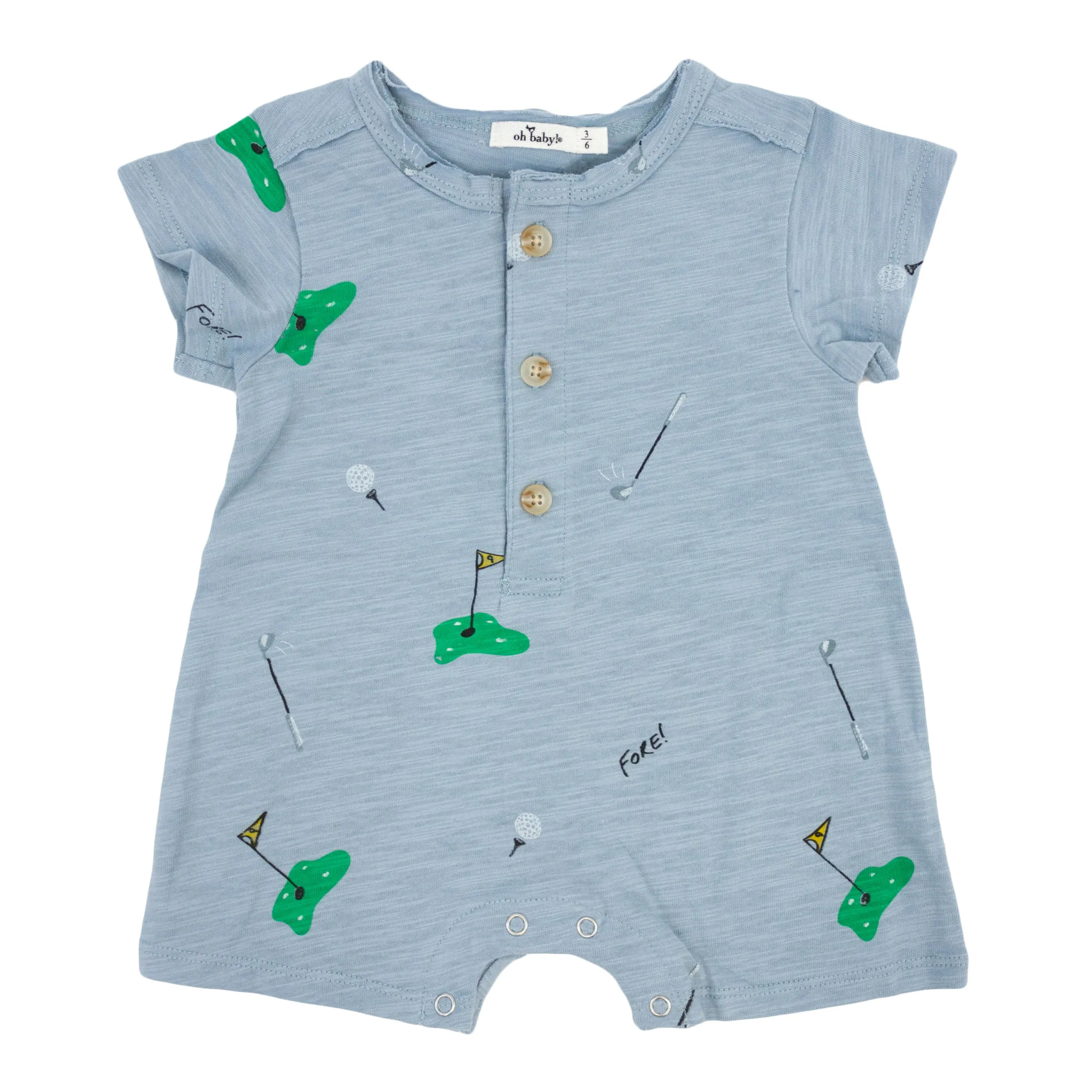 oh baby! Short Sleeve Button Neck Romper - Golf Print - Fog