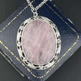 ON HOLD Silver Art Nouveau Style Large Pink Rose Quartz Pendant Necklace