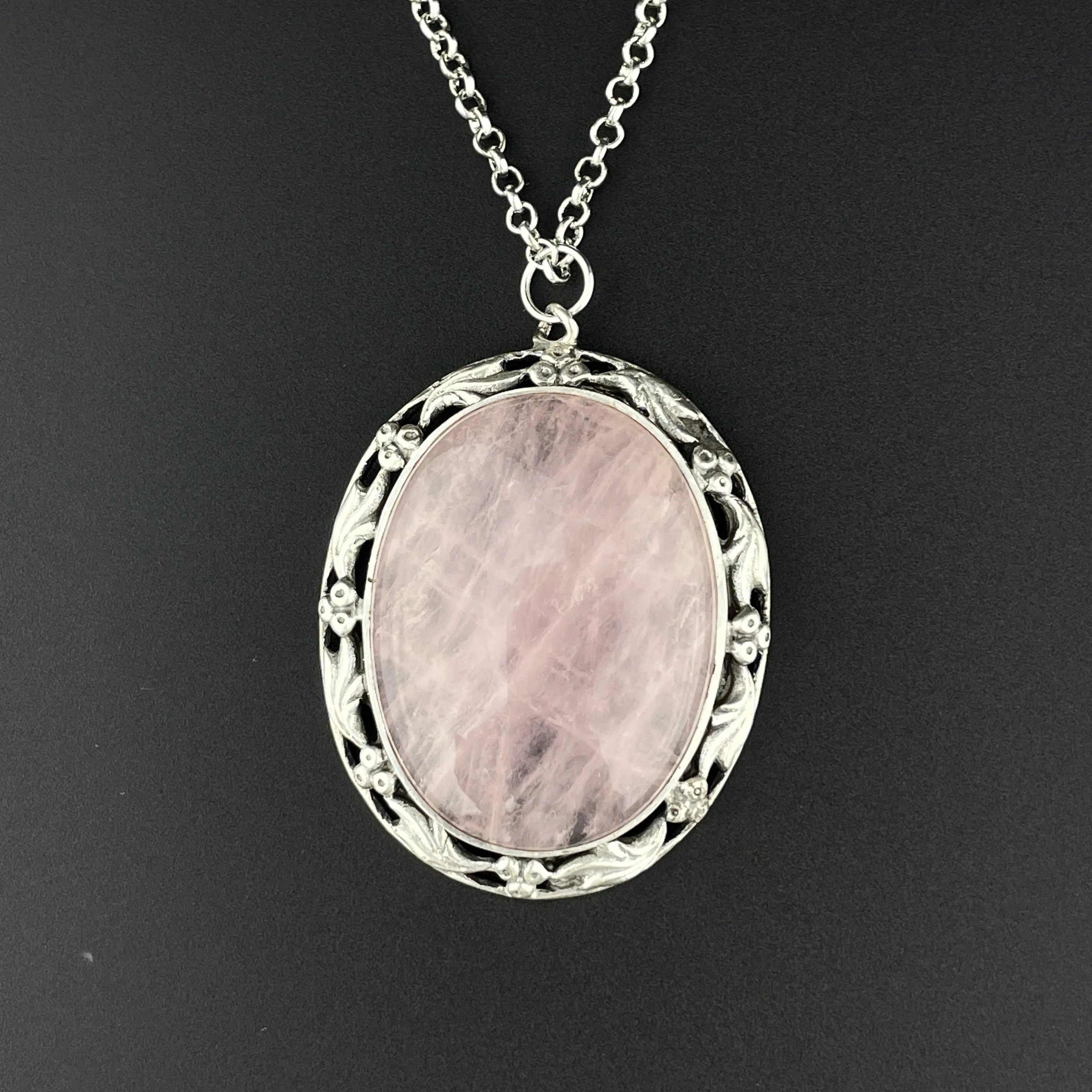 ON HOLD Silver Art Nouveau Style Large Pink Rose Quartz Pendant Necklace