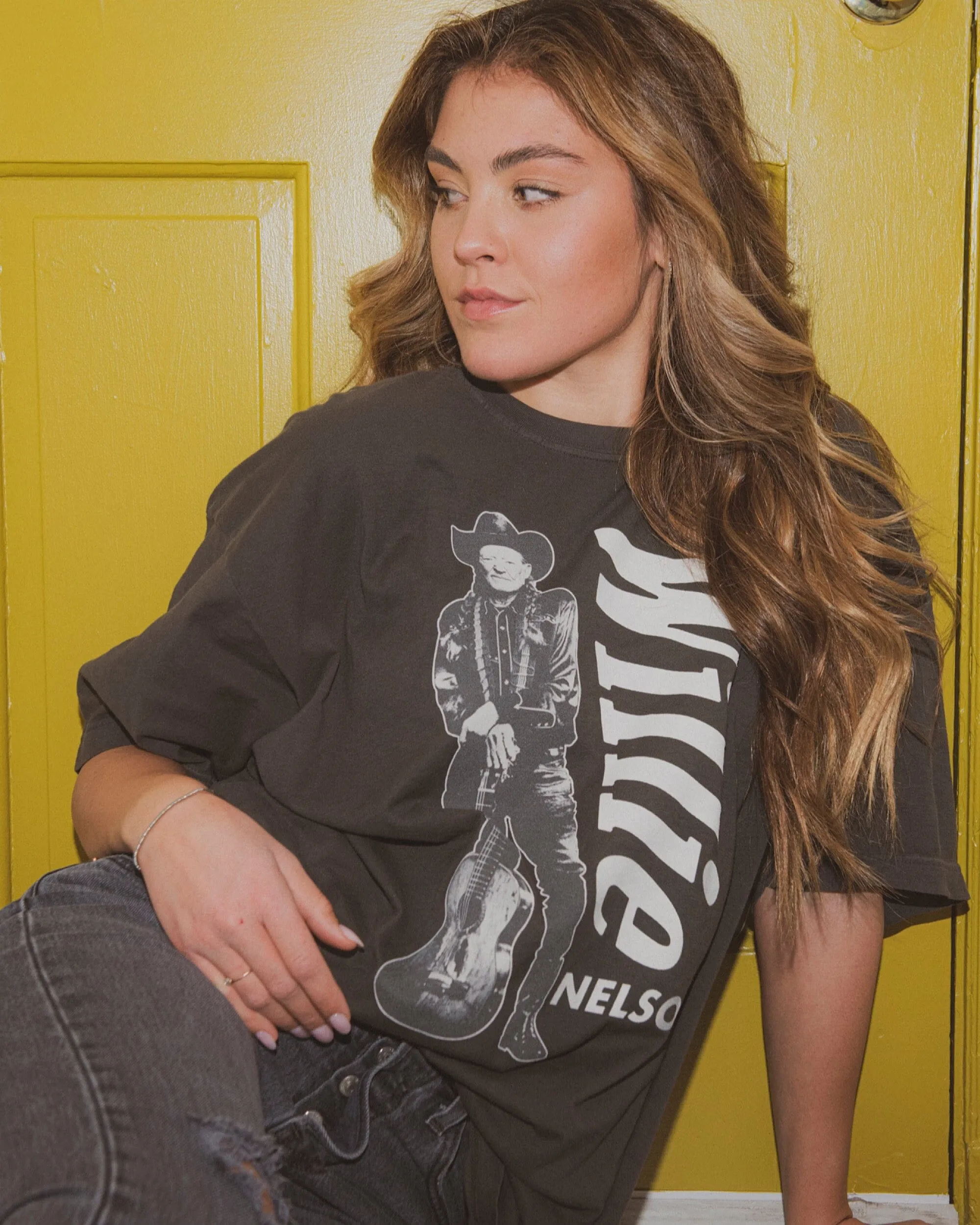 One Size Willie Nelson Stand Charcoal Oversized Tee