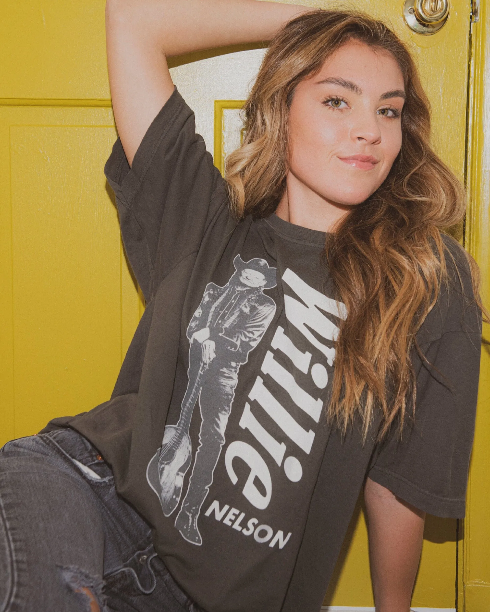 One Size Willie Nelson Stand Charcoal Oversized Tee