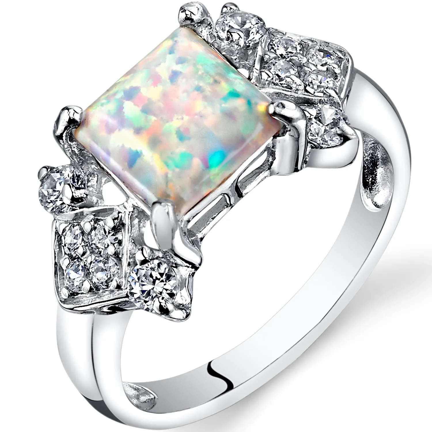 Opal Princess Cut Sterling Silver Ring Size 6