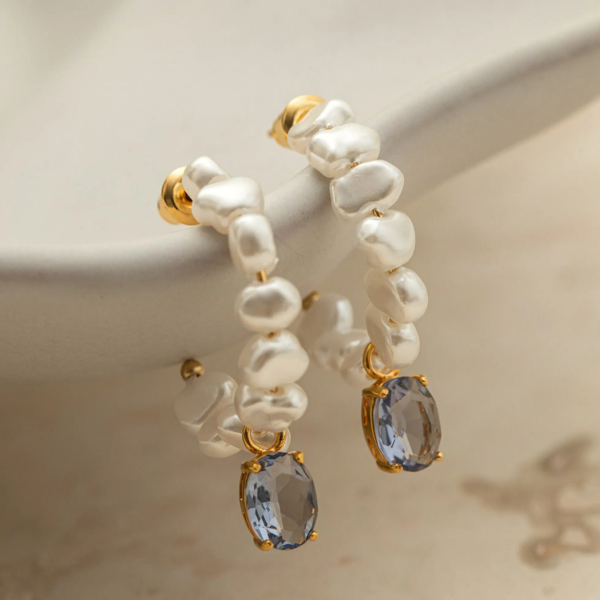 Organic Pearl Oval Drop Hoop Earrings