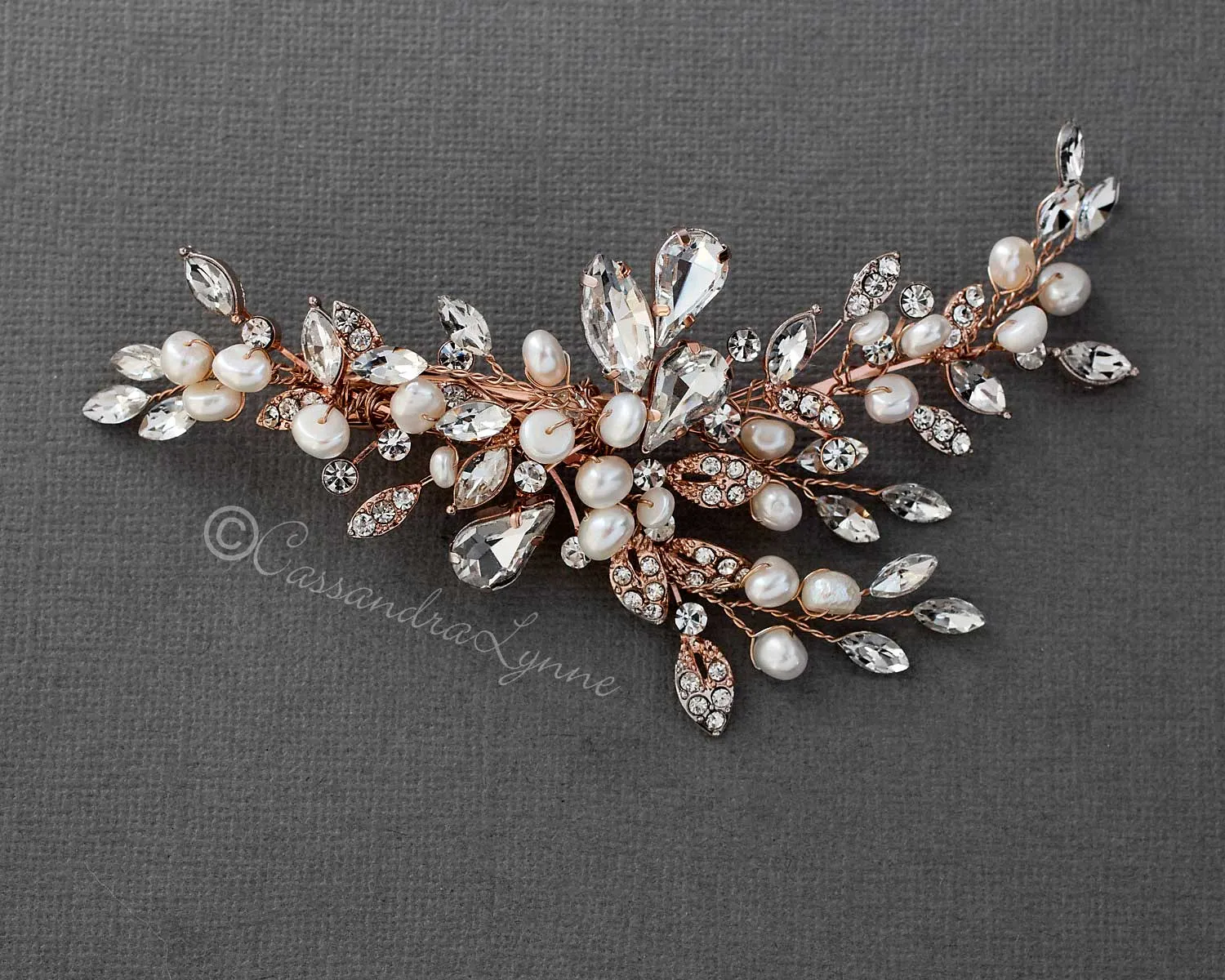 Pearl Bridal Hair Clip of Crystal Leaf and Pearl