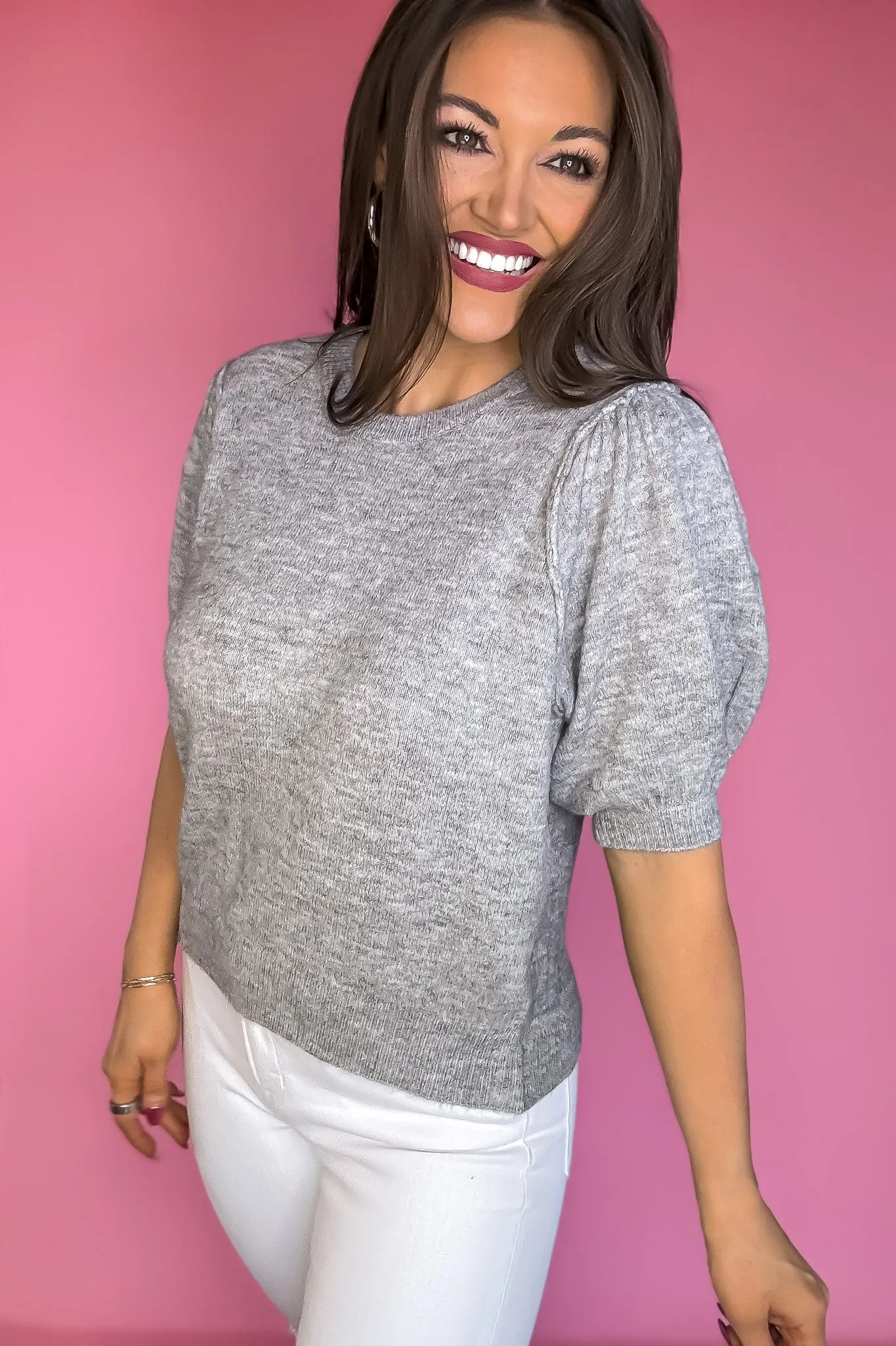 Perfect Heather Grey Melange Puff Short Sleeve Sweater