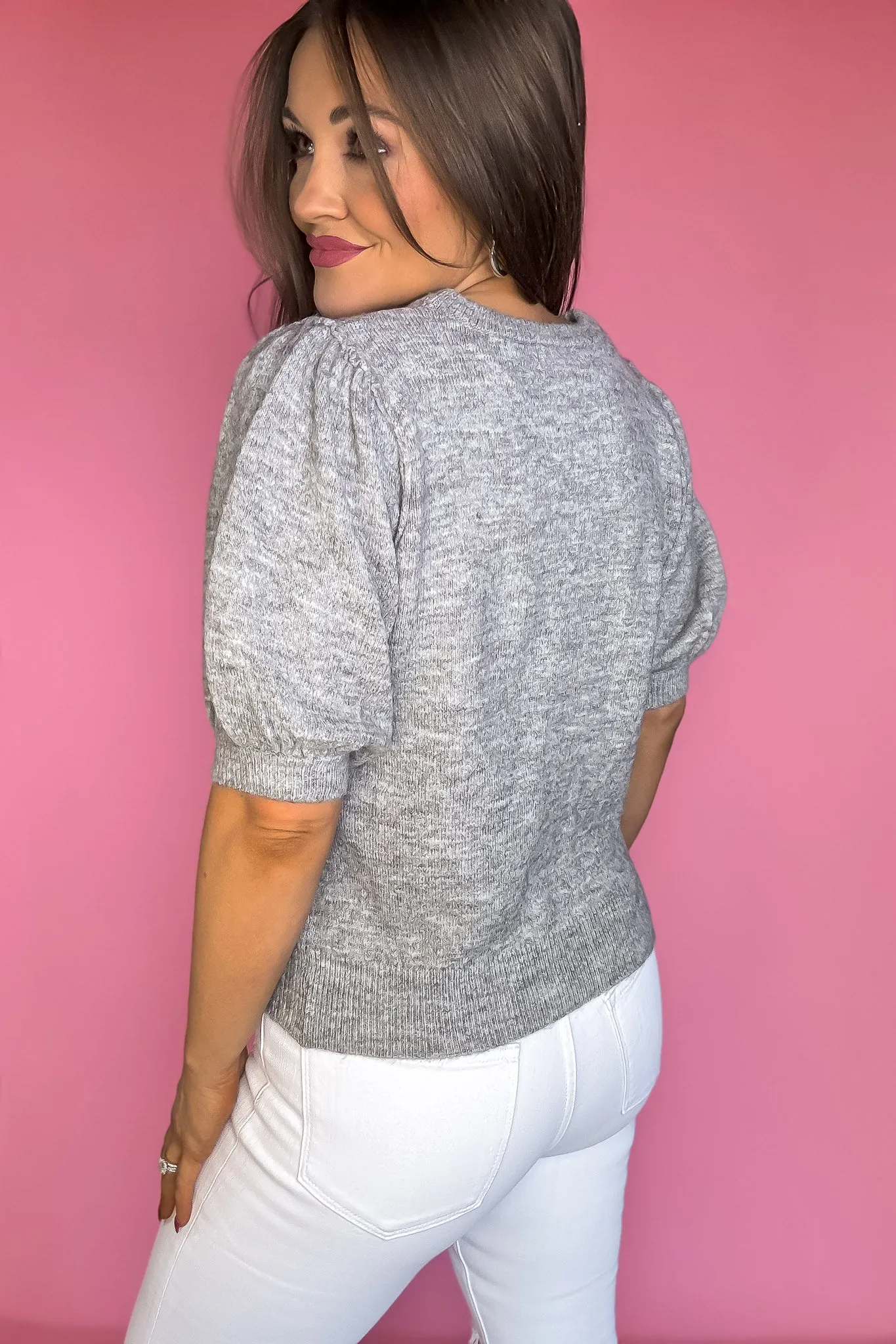 Perfect Heather Grey Melange Puff Short Sleeve Sweater