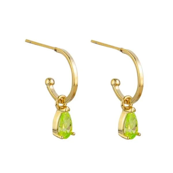 Peridot Crystal Tear Huggie Earrings - Gold