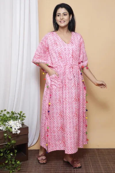 Pink Sqaure Tassel  Ajrakh Block Printed Cotton Kaftan