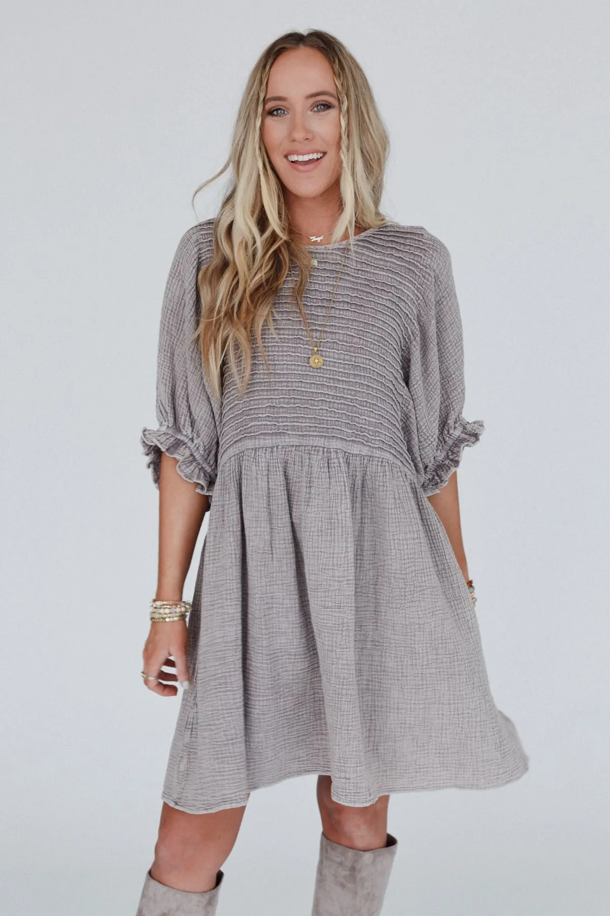 Quinn Puff Sleeve Mini Dress - Ash