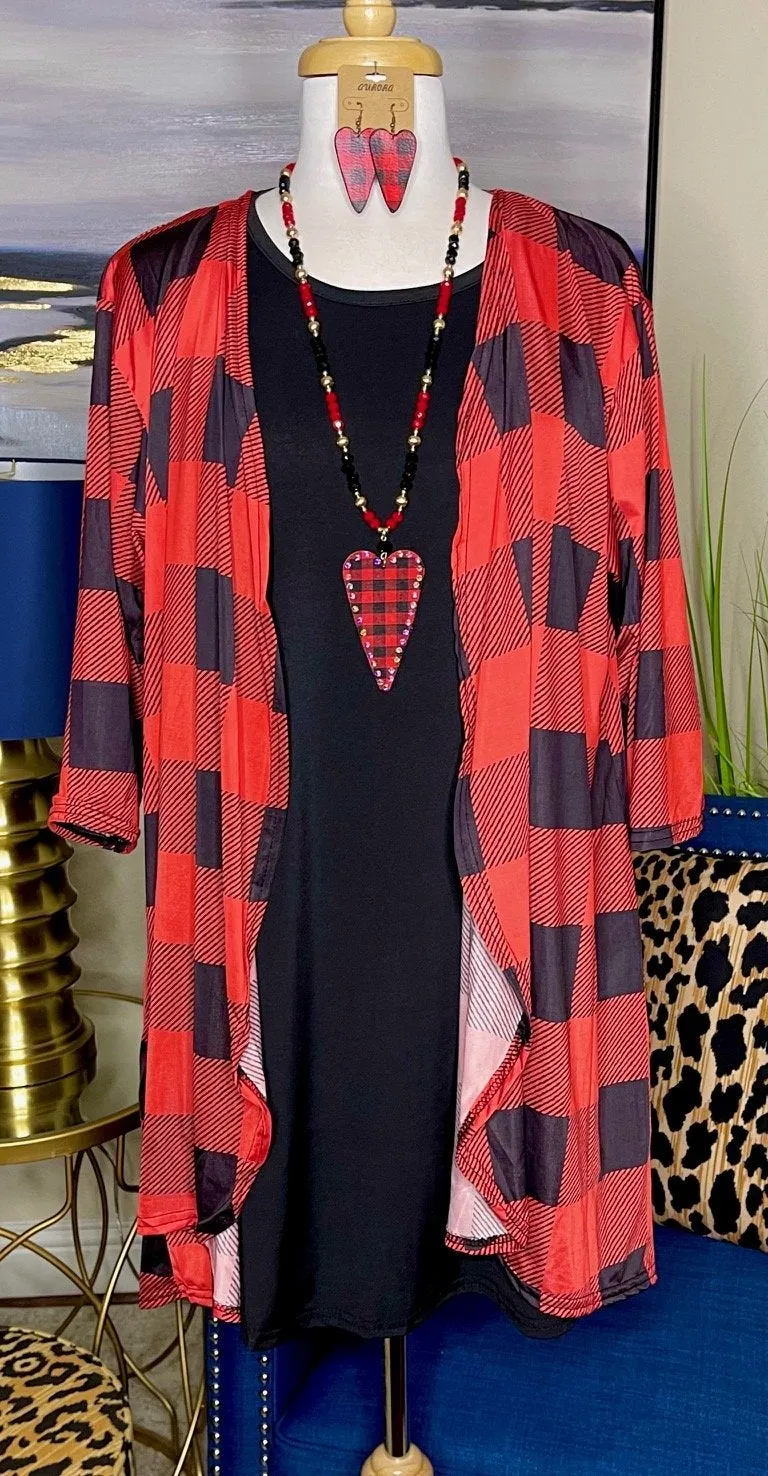 Red Plaid Drape Front Cardigan