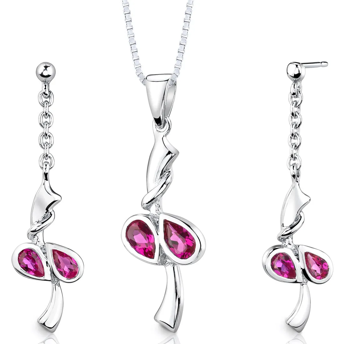 Ruby Pendant Earrings Set Sterling Silver