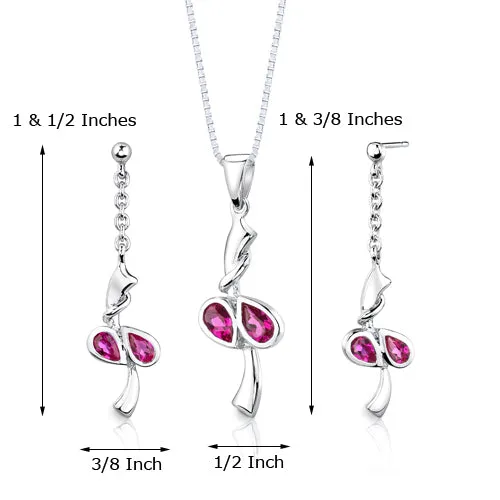 Ruby Pendant Earrings Set Sterling Silver