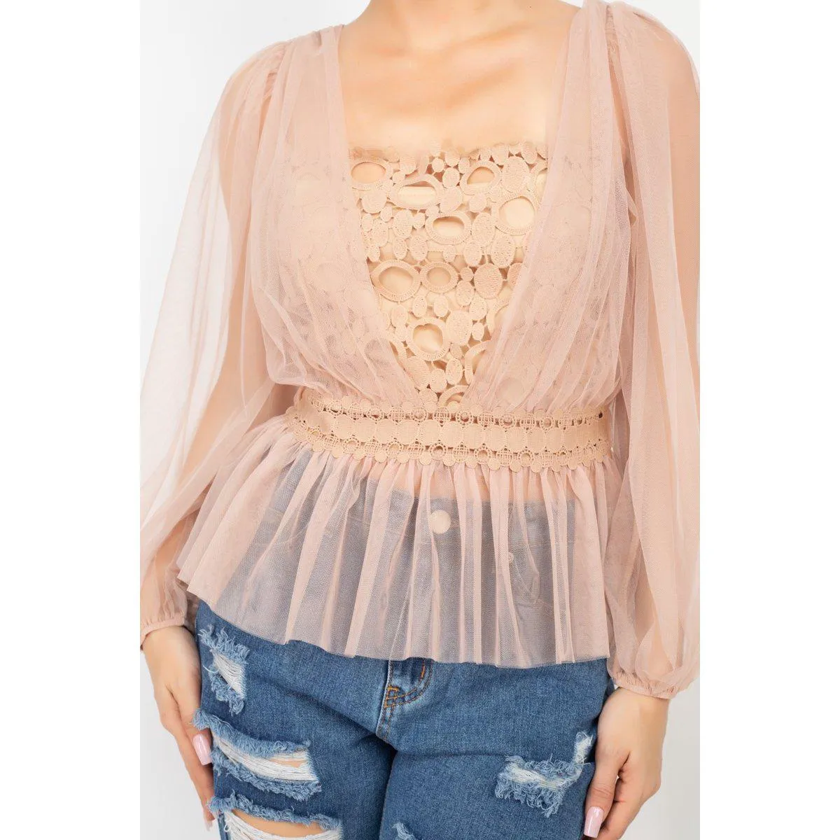 Sheer Mesh Crochet Peplum Top