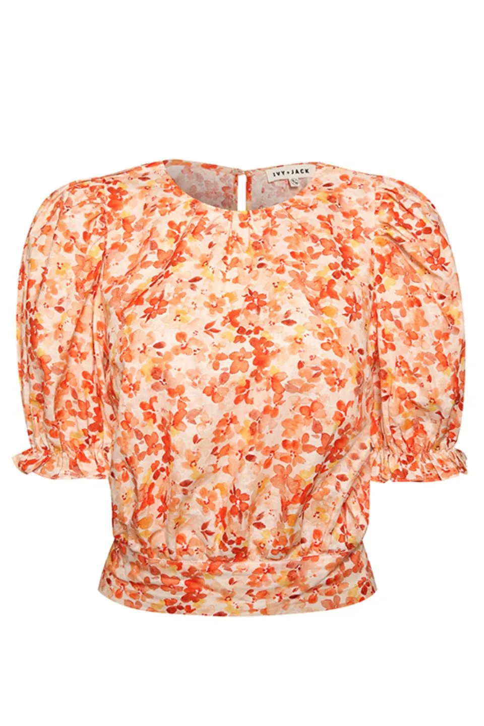 Siena Orange Burst Floral Puff SS Back Hem Tie Top