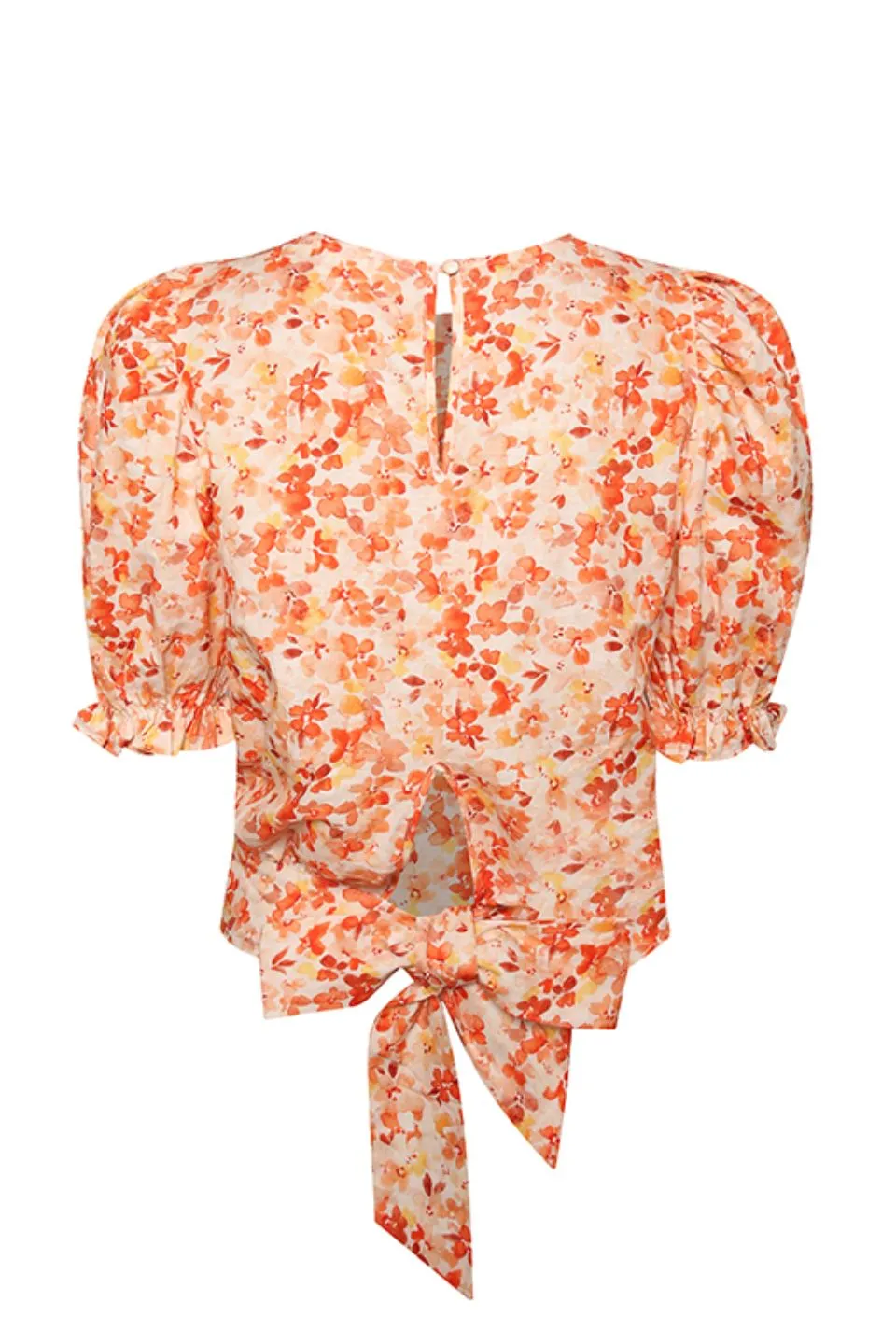 Siena Orange Burst Floral Puff SS Back Hem Tie Top