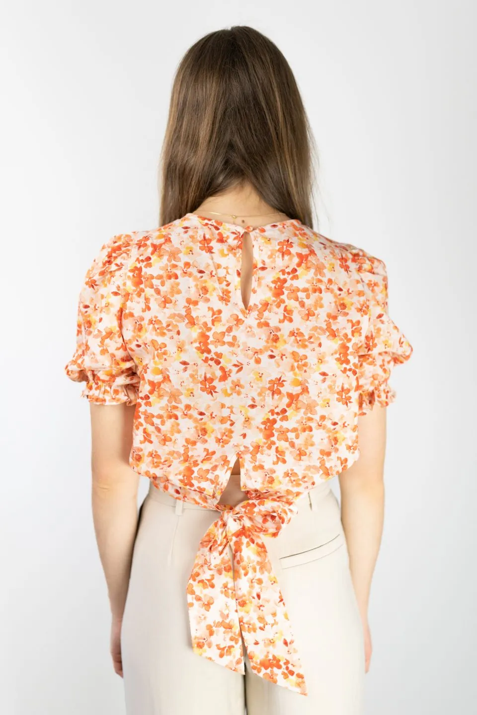 Siena Orange Burst Floral Puff SS Back Hem Tie Top