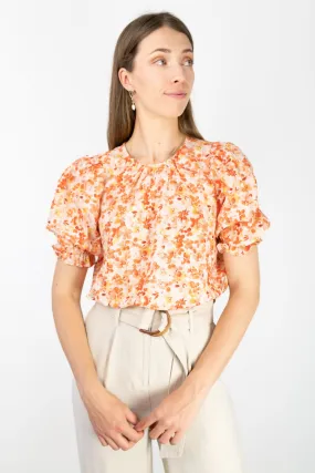 Siena Orange Burst Floral Puff SS Back Hem Tie Top