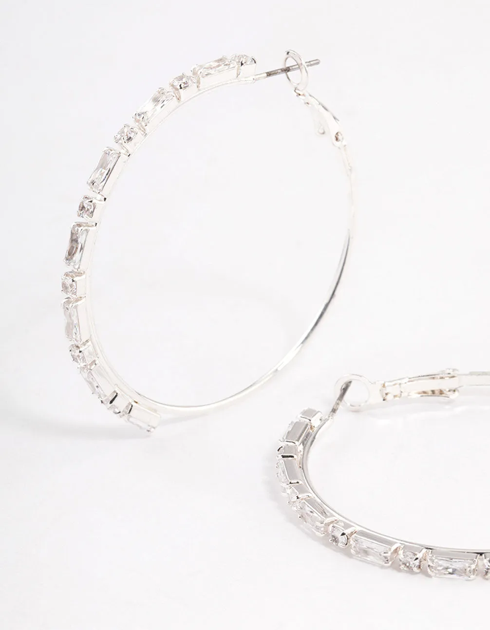 Silver Plated Round & Baguette Large Hoop Earrings