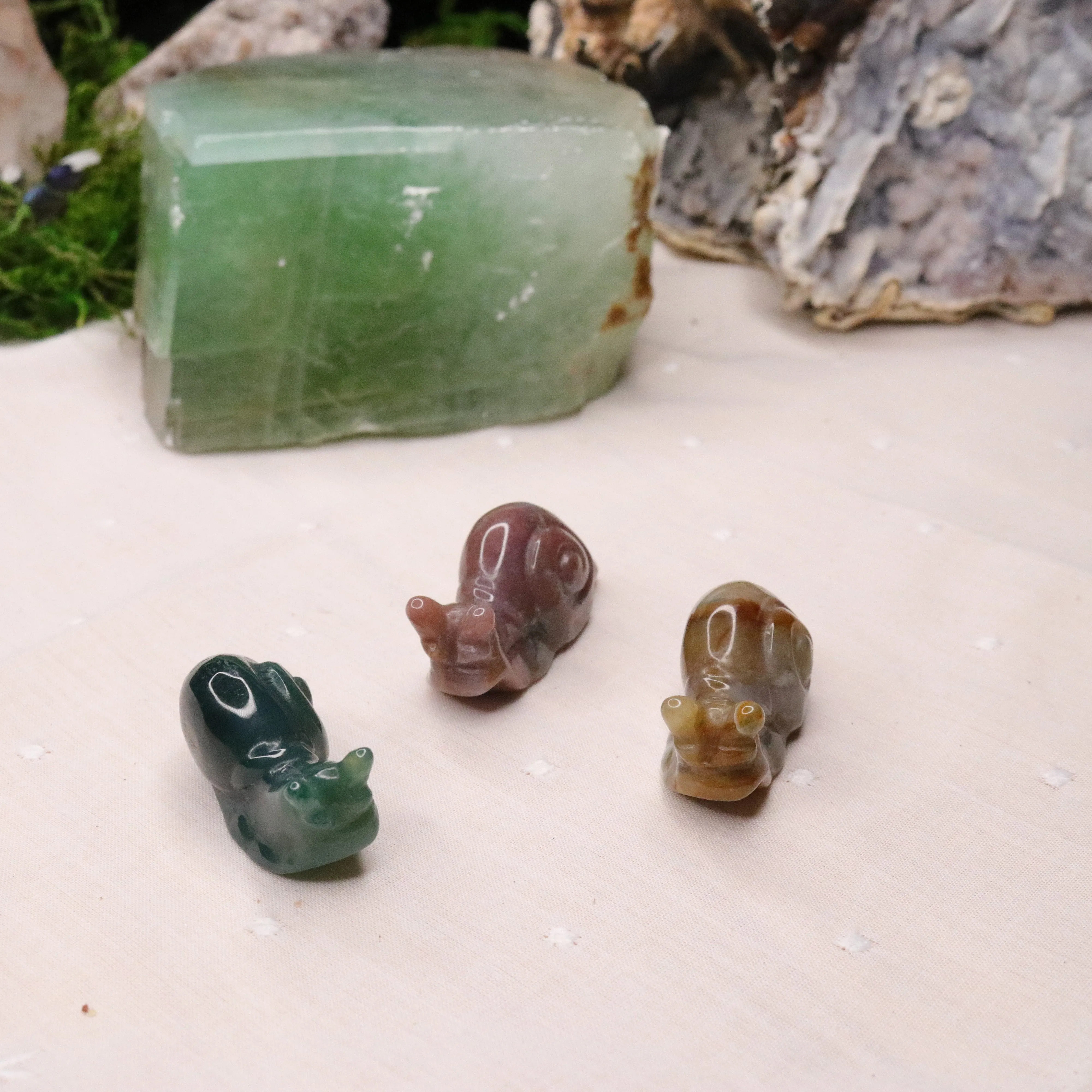 Small Moss Agate Snail Carvings ~ Green, Red and Orange Earth Tones