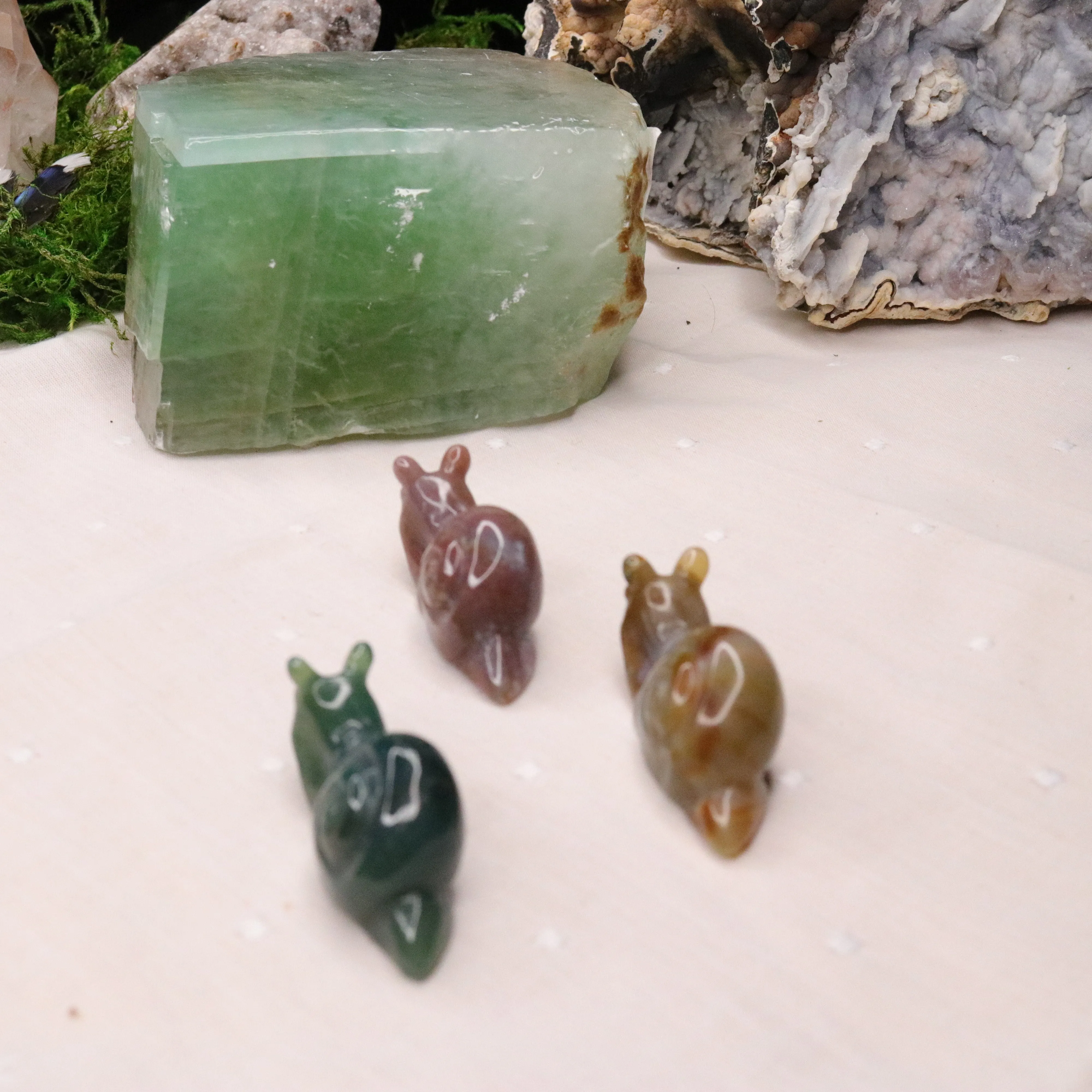 Small Moss Agate Snail Carvings ~ Green, Red and Orange Earth Tones